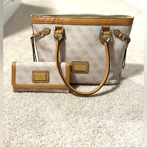 Guess Beige and Tan Tote Bag with Wallet